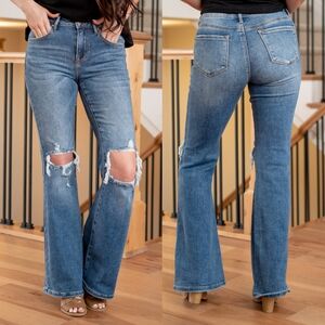 Risen Maeve mid rise distressed flare jeans